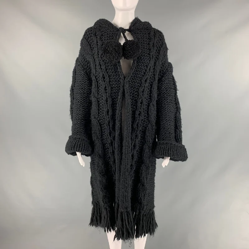 Price Cut SAINT LAURENT Size M Black Wool Blend Open Front Cable Knit Cardigan Coat
