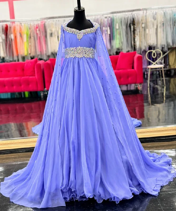 Fantastic Deals Samantha Blake 1023 Size 8 Periwinkle Girls Long Cape Sleeve Pageant Dress Crystal Cut Out A Line Chiffon