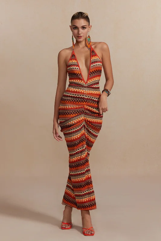 Stock Clearance Zigzag Stripe Halter Backless Knit Maxi Dress