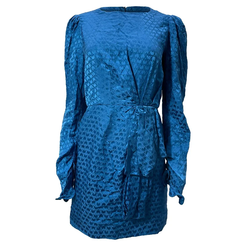 Time-Limited Offer Saloni Debbie Patterned Mini Ribbon Detail Dress in Blue Silk