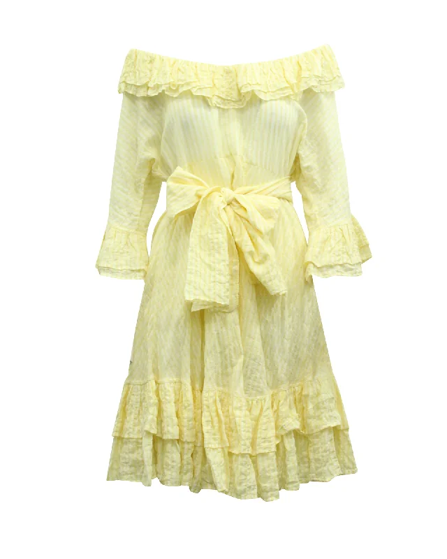 Price Break Lisa Marie Fernandez Striped Off Shoulder Midi Dress in Yellow Cotton