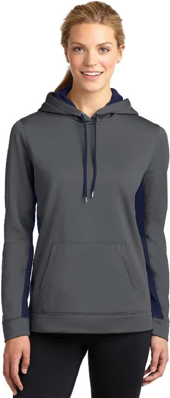 Discount Days Sport-Tek LST235 Ladies Sport-Wick Fleece Colorblock Hooded Pullover - Dark Smoke Gray Navy