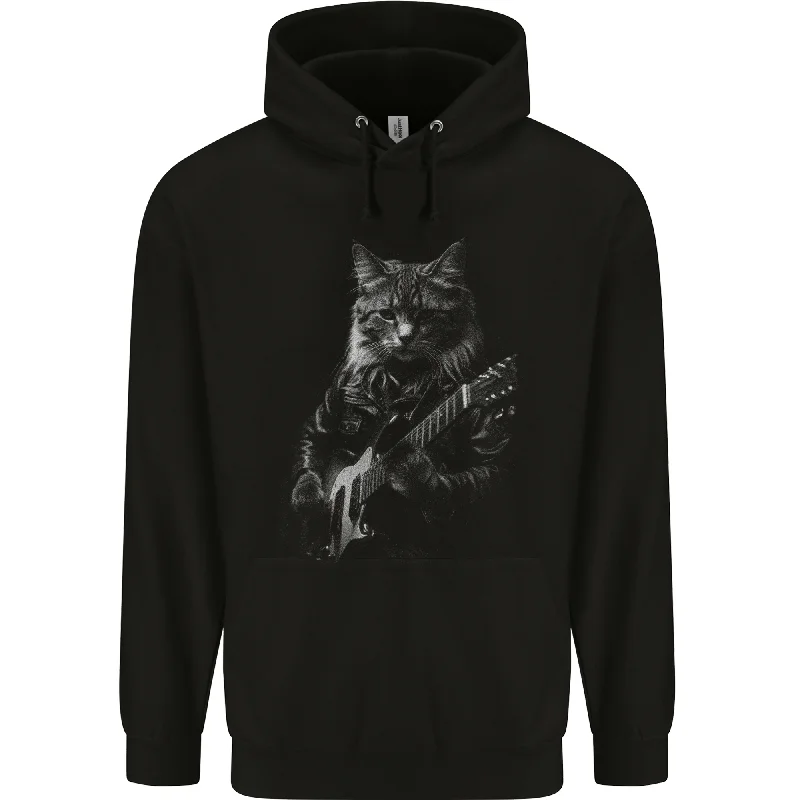 Super Sale Rock Cat with an Electric Guitar Mens 80% Cotton Hoodie