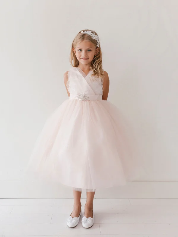 Last Chance Tip Top 5698 Size 4 Blush Glitter V neck Flower Girl Dress Broach Tea length Tulle Last Chance Tip Top 5698 Size 4 Blush Glitter V neck Flower Girl Dress Broach Tea length Tulle