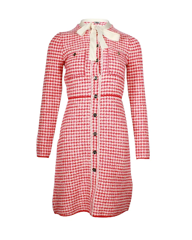 Can't Miss Sandro Paris Houndstooth Button-Up Dress in Red Cotton