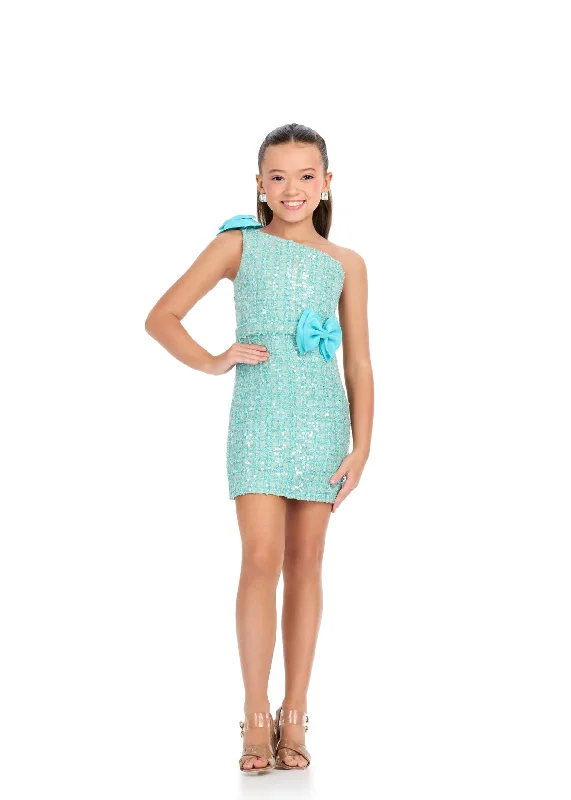 Mega Deal Ashley Lauren Kids 8303 Size 6 Aqua Girls Tweed Cocktail Dress Bow One shoulder Interview Formal Appearance