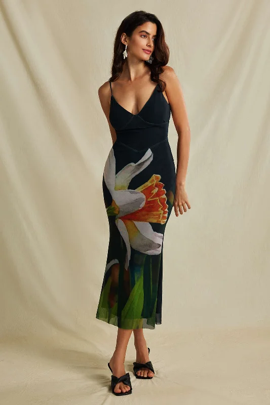Low Prices Floral Print Crisscross Back Mesh Slip Midi Dress