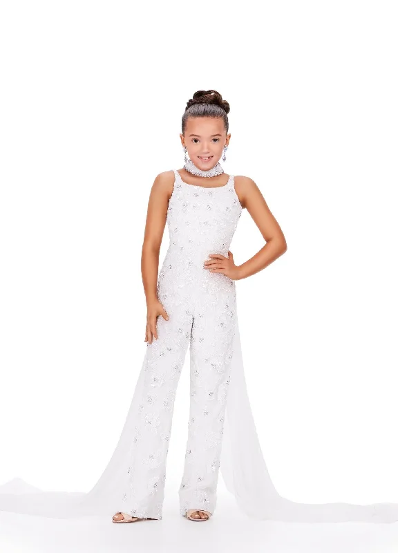 Price Drop Alert Ashley Lauren Kids 8190 Size 6 Ivory  Beaded Choker Chiffon Cape Jumpsuit Girls Pageant
