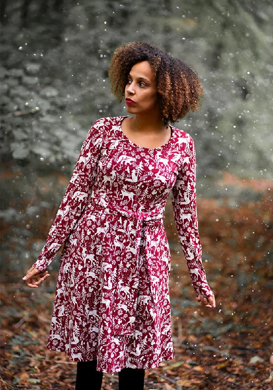 Limited Time Natale Red Winter Woodland Print Cotton Dress