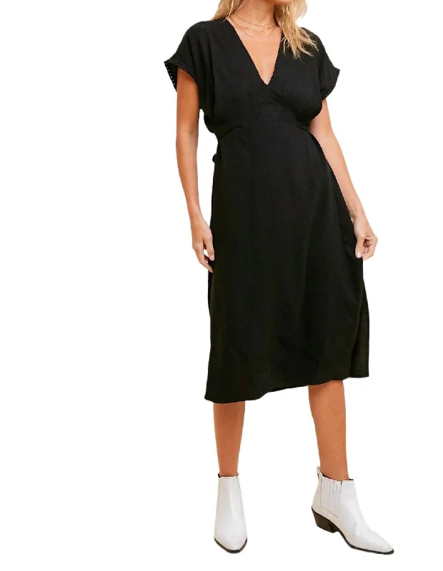 Low Prices Linen V-Neck Wrap Midi Dress In Black