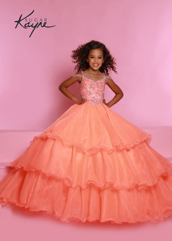 Bonus Savings Sugar Kayne C318 Long Layer Ruffle Girls Pageant Dress off the Shoulder Ball Gown Beaded