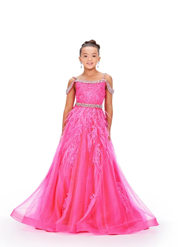 Limited Stock Ashley Lauren Kids 8242 Girls Lace Feather Pageant Dress off the Shoulder Ballgown