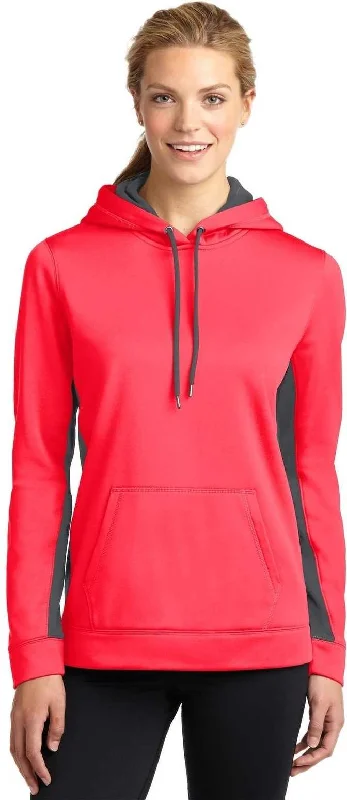 Deal Mania Sport-Tek LST235 Ladies Sport-Wick Fleece Colorblock Hooded Pullover - Hot Coral Dark Smoke Gray