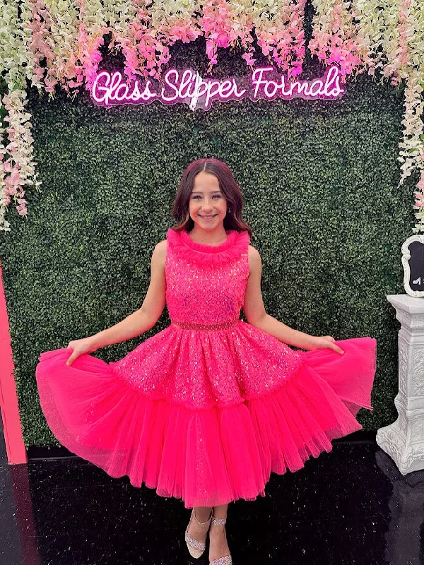 Now or Never Marc Defang Kids 5111 Size 14 Barbie Pink Short Sequin Tulle Pleated Ruffle Cocktail Dress Pageant layered