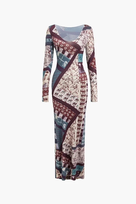 Members Only Abstract Patchwork Printed Long Sleeve Maxi Dress