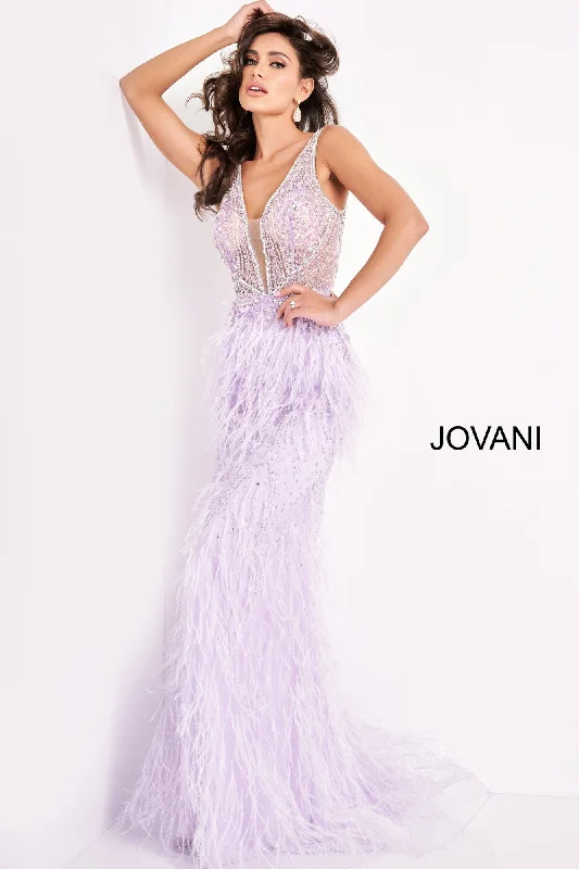 Early Bird Discount Jovani 03023 Size 8 Lilac Sheer Crystal Prom Dress Feather Formal Evening Gown Wedding Pageant Couture
