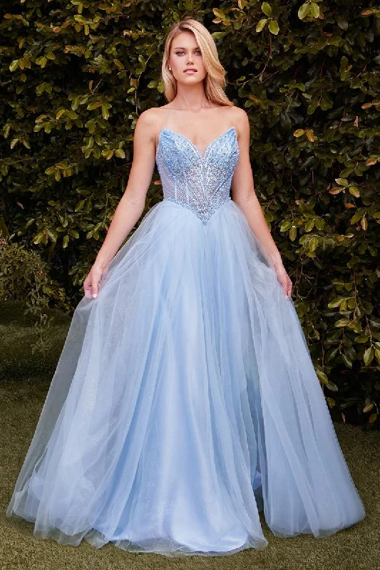Best Bargains Ladivine CC415 Size 10 Smoky Blue Sheer Beaded V Neck Corset Prom Dress A Line Shimmer Ballgown Formal Gown