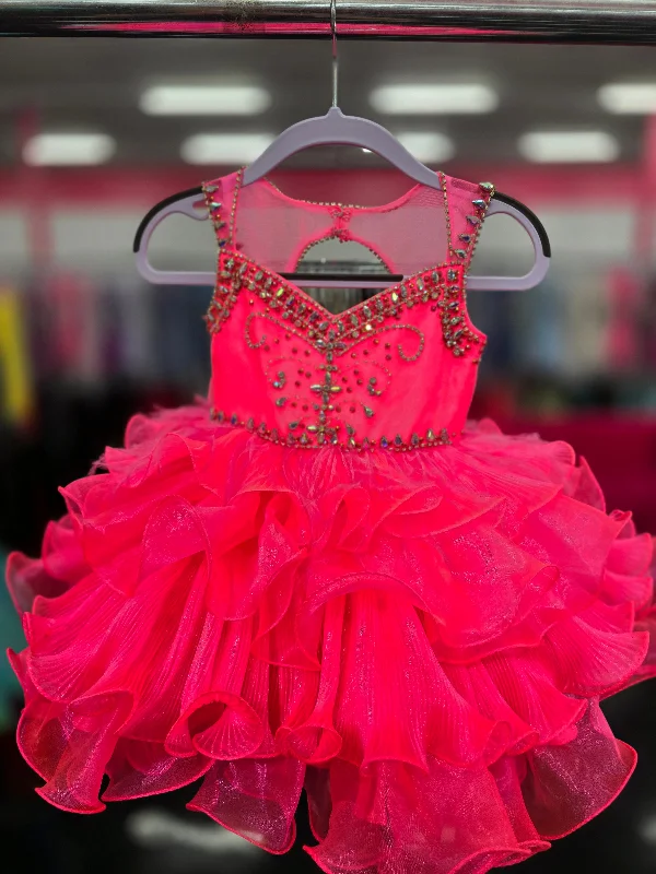 Overstock Sugar Kayne C202 Size 2T Neon Pink Girls Pleated Feather Cupcake Pageant Dress Toddle Baby Gown