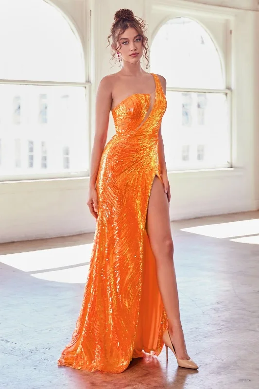 Big Savings Ladivine CK937 Size 2 Orange One shoulder Fitted Sequin Formal Prom Dress Maxi Slit Sheer V Neck
