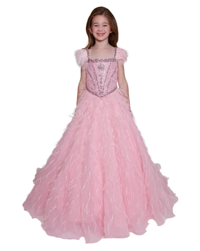 Online Only Ava Presley 39889 Girls Crystal Bodice Feather Ballgown Pageant Dress Cap Sleeve Formal