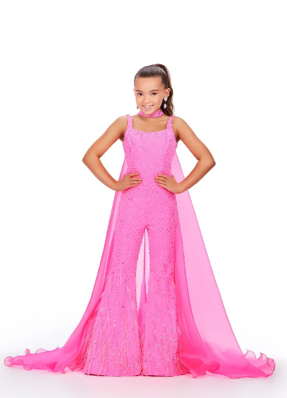 Exclusive Savings Ashley Lauren Kids 8210 Size 14 Hot Pink Pageant Jumpsuit Crystal Feather Embellished Bell Bottom Cape