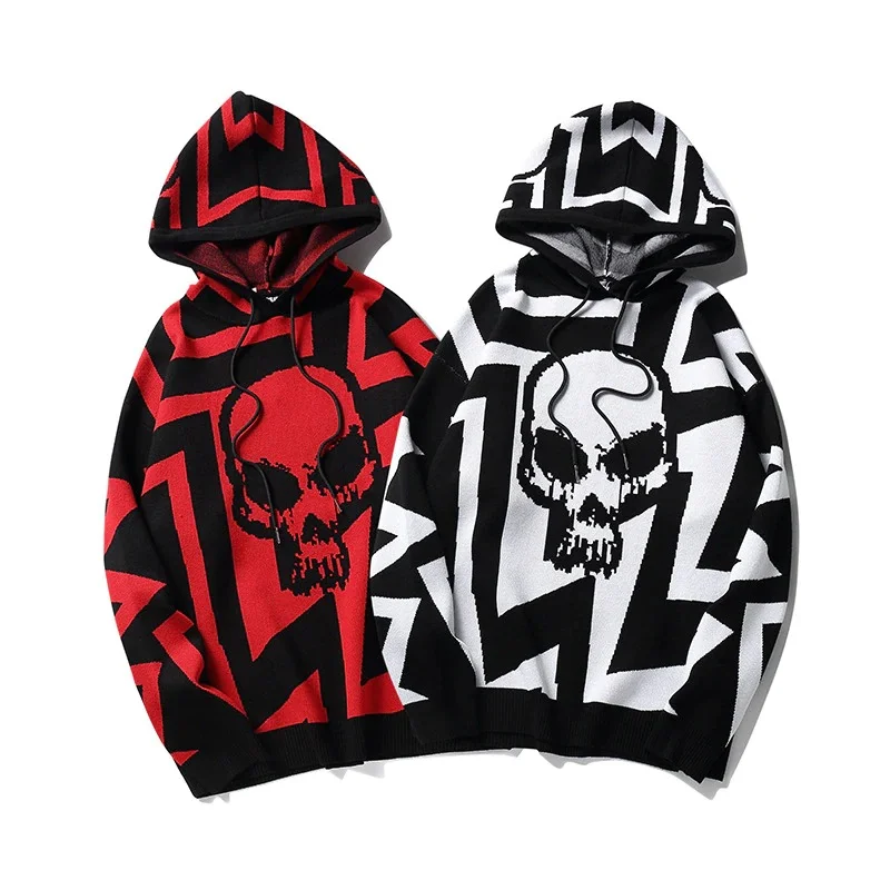 Incredible Offers Fashion Women's Knitting Hoody with Skull Print / Vintage Oversize Sweatshirt