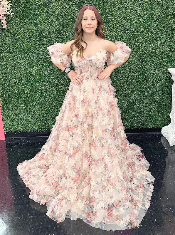 Incredible Offers Davinci F145 size 2, 6, 14 Floral Print Puff Sleeve A Line Sheer Prom Dress Corset Shimmer Pleated Gown