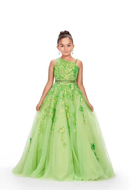 Hot Deal Ashley Lauren Kids 8240 Size 6 Neon Green Girls Long Tulle Sequin Lace Ballgown Pageant Dress One Shoulder