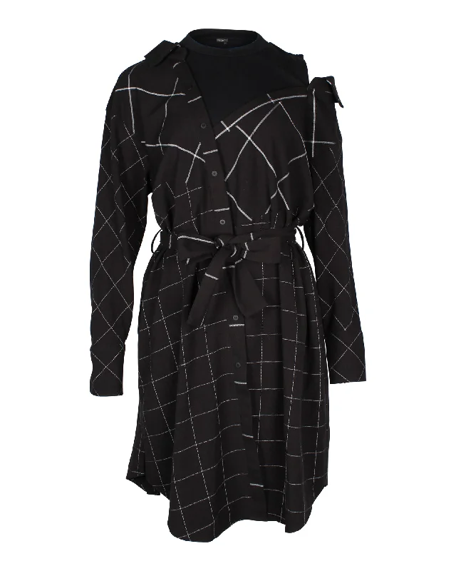 Early Bird Discount Maje Grid Print Cold Shoulder Button Down Midi Dress in Black Polyester