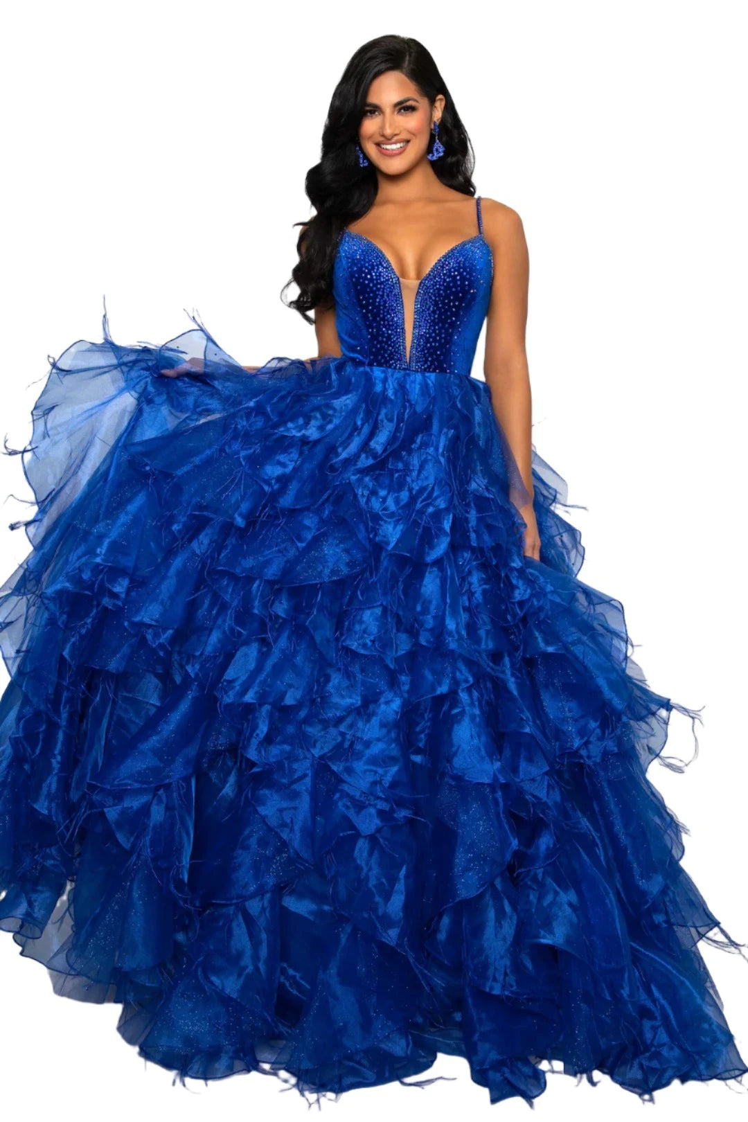 Price Drop Ava Presley 39554 Size 10,14 Royal Feather Velvet Dress A Line Ruffle Ballgown V Neck Formal Pageant Prom