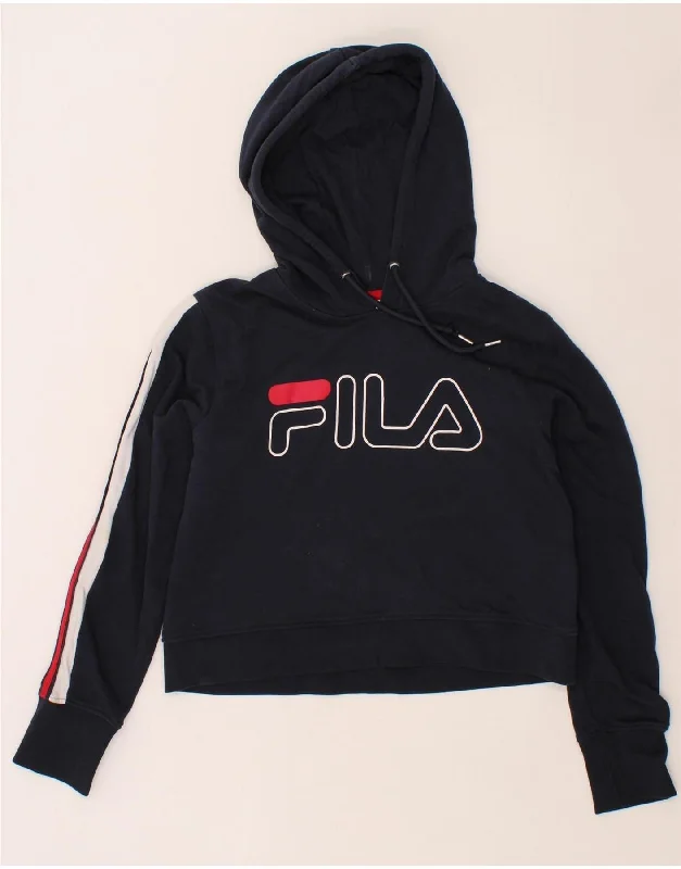 Flash Deals FILA Womens Graphic Hoodie Jumper UK 14 Medium Navy Blue Cotton
