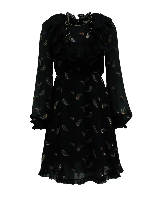 Deep Discounts Chloé Paisley Ruffle Mini Dress in Black Cotton
