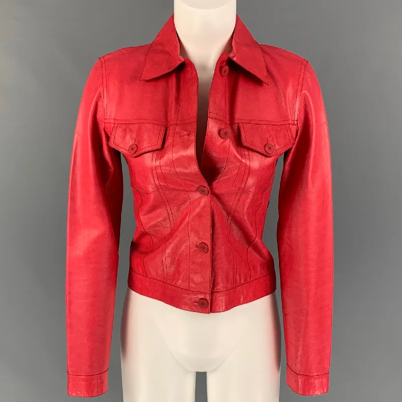 Early Access JIL SANDER Size 6 Red Leather Trucker Jacket