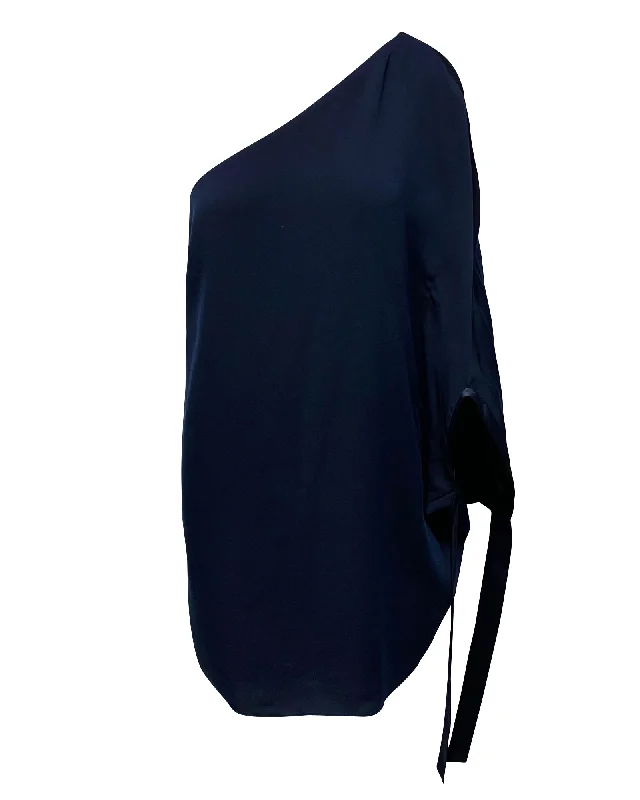 Online Only Halston Heritage One Shoulder Dress in Navy Blue Polyester