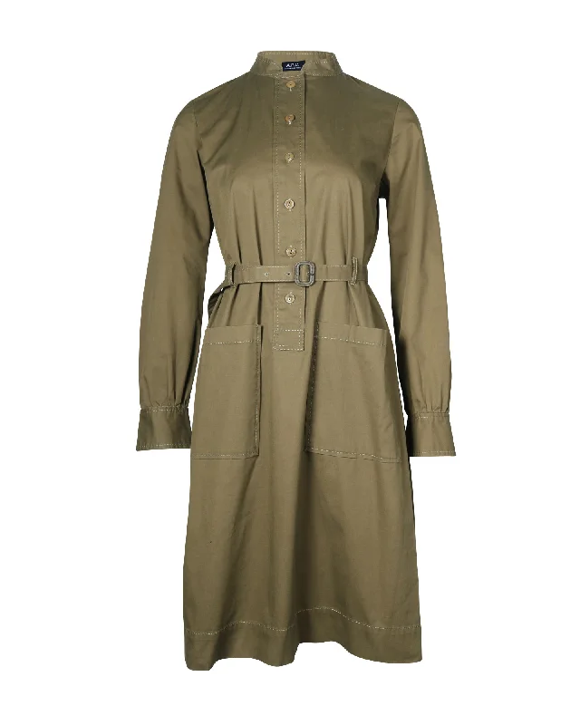Discount Mania A.P.C. Button Front Belted Dress in Olive Cotton