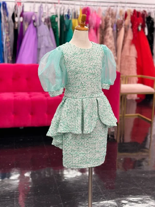 Deal Zone Marc Defang 5141 Size 4, 8 Mint Girls Short Tweed Puff Sleeve Interview Formal Dress Ruffle Pageant Wear
