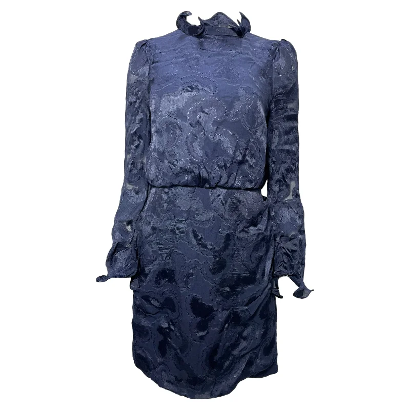 Limited Time Offer Saloni Rina B Mini Ruffled Neck Dress in Navy Blue Rayon