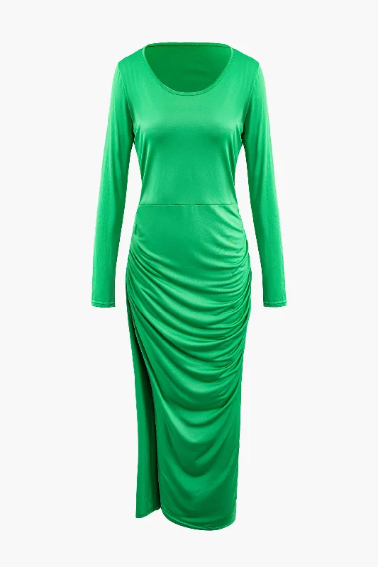 Online Exclusive Asymmetrical Hem Round Neck Ruched Long Sleeve Maxi Dress