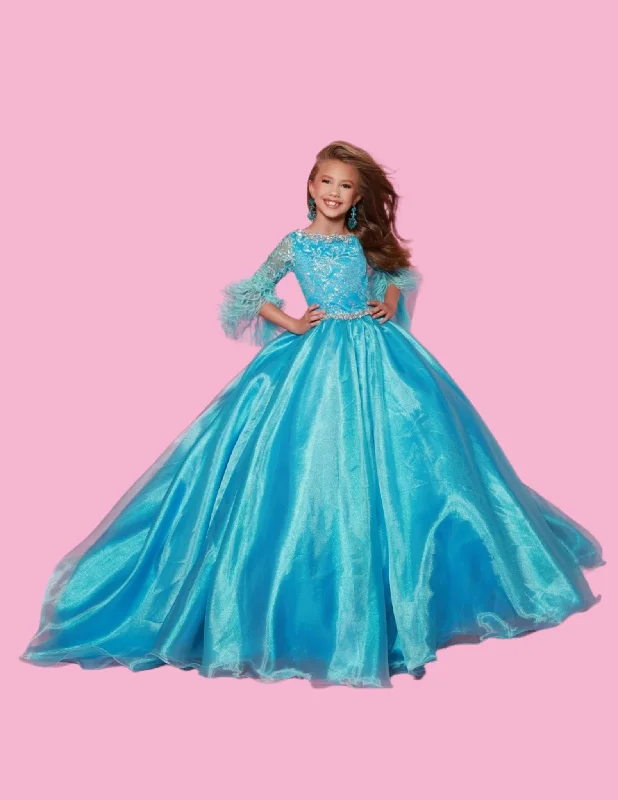 Act Now Sugar Kayne C338 Long Girls  Preteen Pageant Dress A-line Ballgown Sequin Feather Sleeves