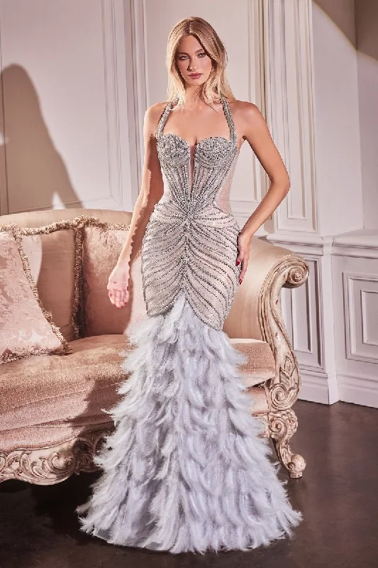 Crazy Deals Ladivine CC4030 Size 2,6 Silver Sheer Pearl Sequin Feather Mermaid Prom Dress Corset Halter Formal Evening Gown