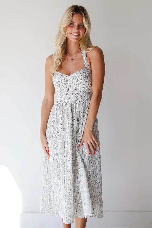 Last Chance FINAL SALE - Breezy Composure Blue Striped Floral Halter Midi Dress
