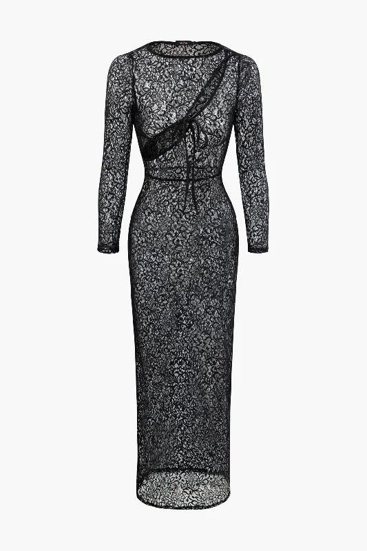 Season Finale Sale Lace Sheer Cut Out Tie Front Maxi Dress