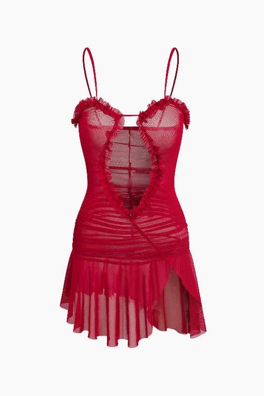 New Markdowns Mesh Ruched Ruffle Deep V-neck Slip Mini Dress