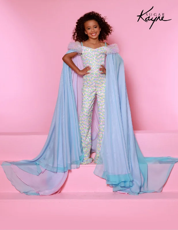 Stock Clearance Sugar Kayne C341 Size 8 Aqua Girls Pageant Sequin Jumpsuit Ruffle Sleeve Matching Cape Fun Fashion Shimmer
