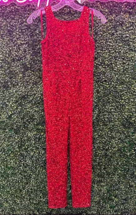 Limited Edition Ashley Lauren Kids 8025 Size 4 RED Girls Fully Beaded Jumpsuit Sequin Straight Pants