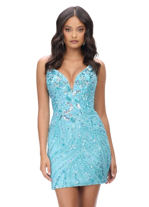 Deal of the Day Ashley Lauren 4500 Size 0 Sky Short Cocktail Dress Peak Point V Neck Formal Beaded Sequin Gown
