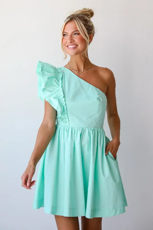 Sale Event FINAL SALE - Charming Glamour Mint One-Shoulder Mini Dress