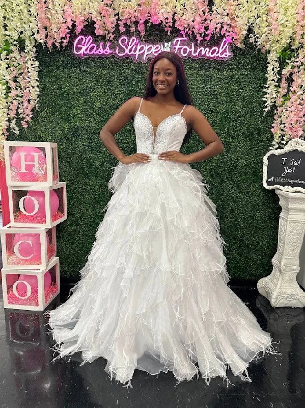 One-DAY Sale Ava Presley 39554 Size 2,6 White Feather Velvet Dress A Line Ruffle Ballgown V Neck Formal Pageant Prom