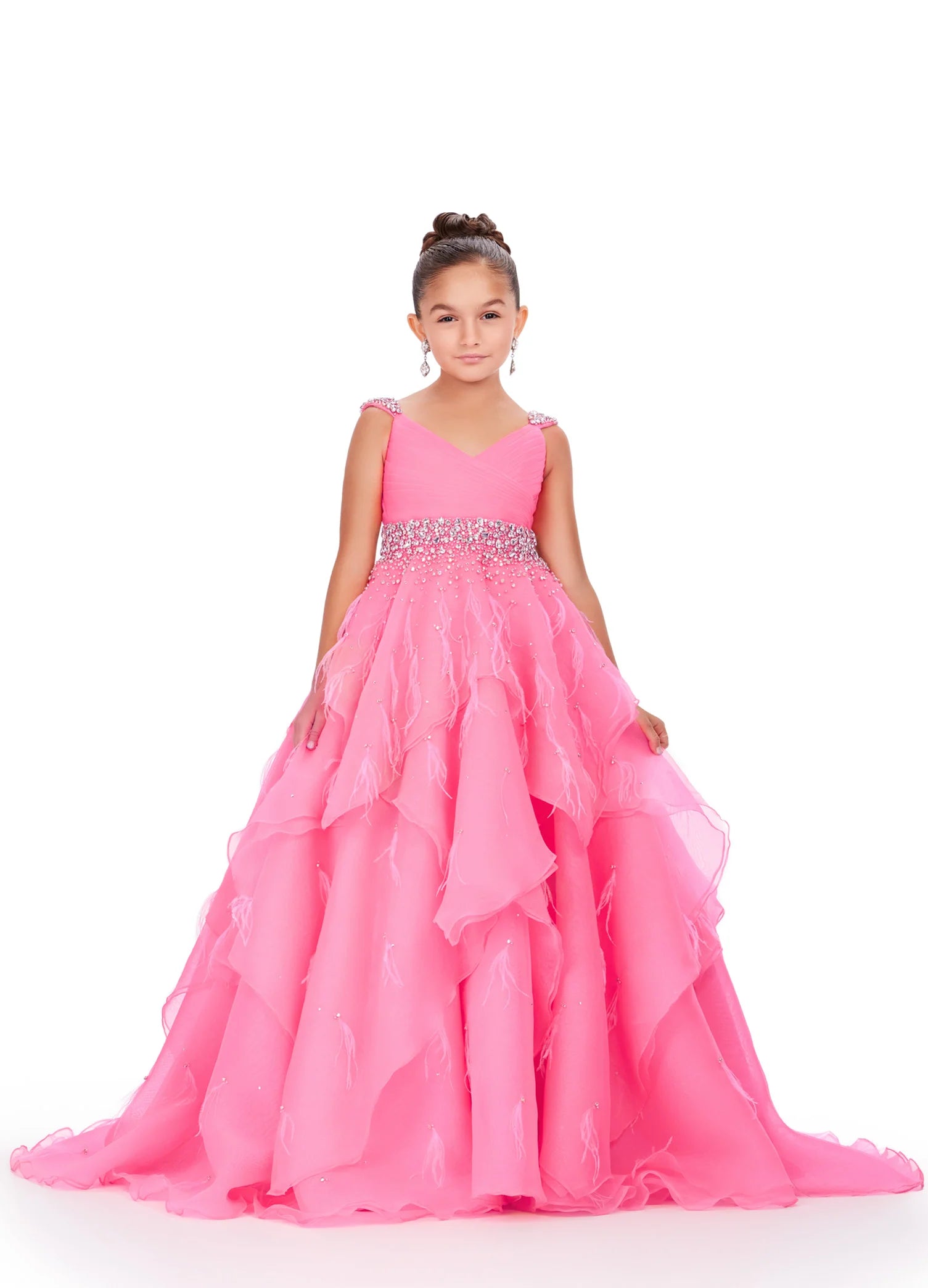 Limited Availability Ashley Lauren Kids 8219 Size 6, 10 Hot Pink Girls Layered Feather Pageant Dress ballgown Embellished V Neck Gown