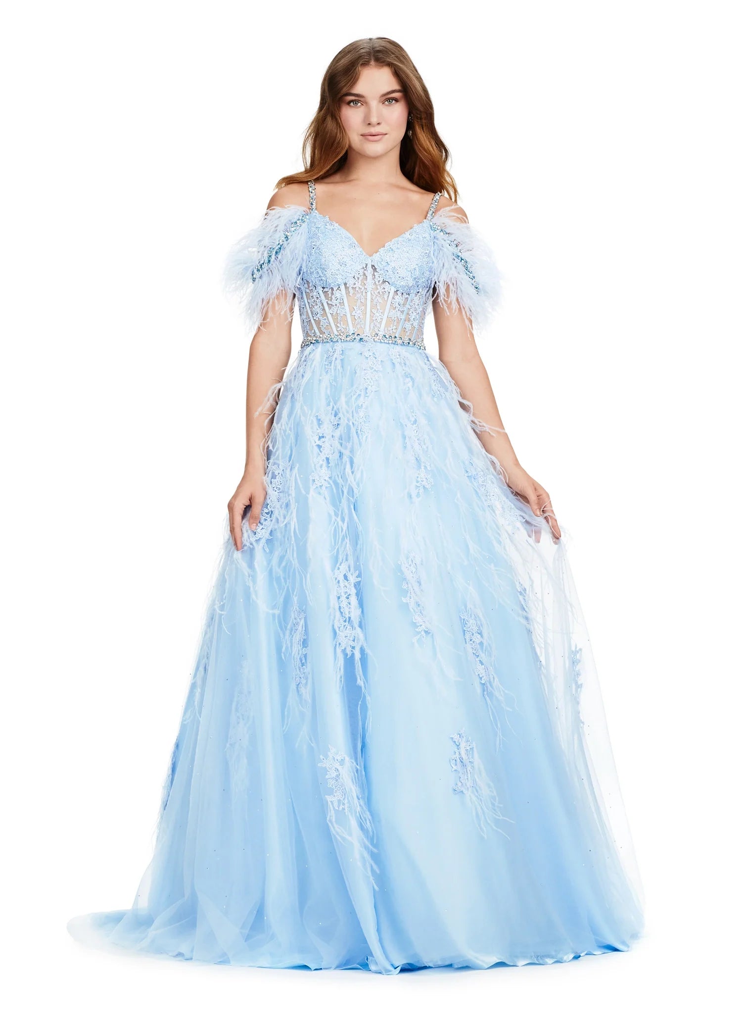 Year-End Sale Ashley Lauren 11447 Size 12 SKY Long Prom Off Shoulder Feather Ball Gown Prom Dress Lace Corset Formal